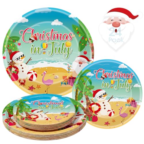 Litmitfu 24 Pcs Christmas in July Plates Set - Blue Summer Themed Paper Plate Disposable Xmas Round Dinner Dessert Plates Tableware for Christmas in July Party Supplies Favors Table Decorations