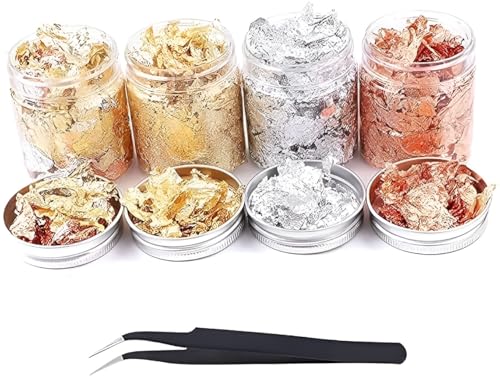 Image of A.S.K [28g] 4 Bottle Gold Flakes 2Gold, 1Silver, 1Copper Flakes, for Resin, Imitation Gold Foil Flakes, with tweezer for Decoration, Painting Arts, Nail Art, DIY Crafts etc.