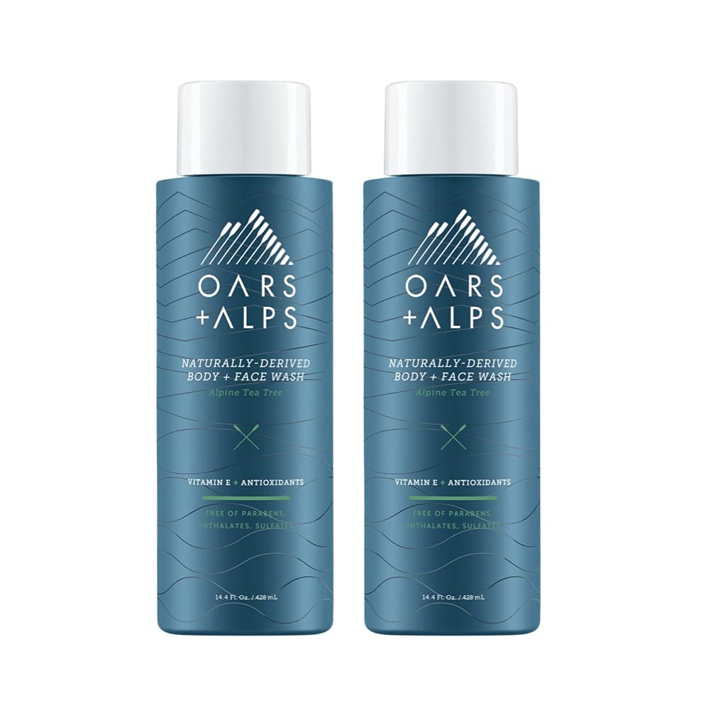 Oars + AlpsMens Body and Face Wash, Naturally Derived Skin Care Infused with Vitamin E and Antioxidants, Vegan and Gluten Free, Alpine Tea Tree, 2 Pack