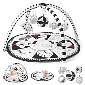Black and White Tummy Time Mat, Play Mat for Babies 0-6 Months High Contrast Baby Play Activity Gym Baby Tummy Time Play Mat with 5 Toys for Early Sensory Exploration Newborn Infant Baby Playmat