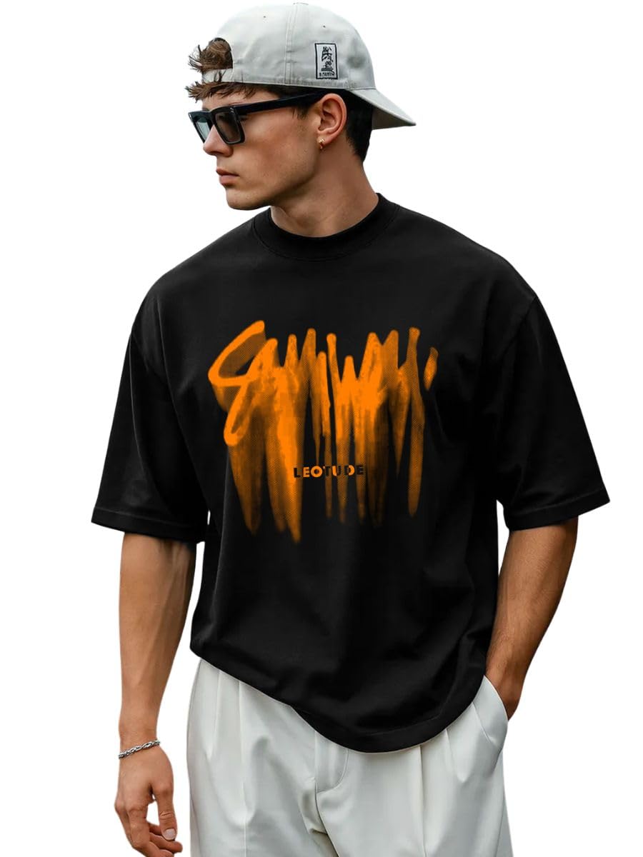 LEOTUDE Half Sleeve Oversized Cottonblend Round Neck Printed Men’s T-Shirt (Color Black)