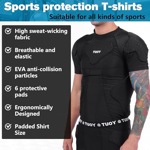 HAIYUE Men\'s Padded Compression Shirt Football Shoulder Pads & Rib Protector - Chest Guard for Adult/Youth Baseball Softball Rugby Basketball Protective Gear Black - Thumbnail 5