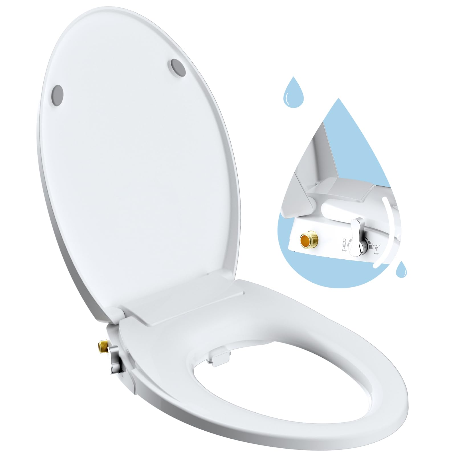 Hibbent Elongated Bidet Toilet Seat with Slow Close, Non-Electric Bidet Attachment for Toilet Seat with Dual Nozzle, Bidet Sprayer with Adjustable Self-Cleaning Nozzles, Brass T Adapter