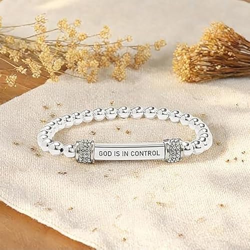 God Is In Control Dainty Diamond Beaded Stretch Bracelet, Motivational Stainless Steel Engraving Tube Bracelets Inspirational Chain Crystal Energy Faith Jewelry for Women Men2