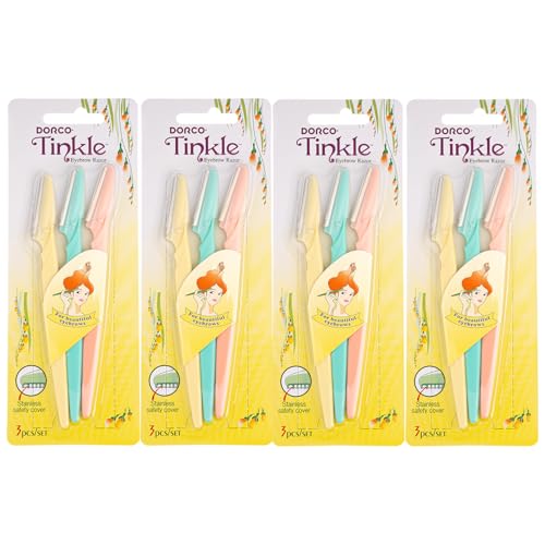 Tinkle Dermaplaning Tool 12ct, Dermaplane Razor for Women, Safe and Easy Peach Fuzz Remover, Eyebrow Trimmer with Protective Cover (4 Packs of 3)