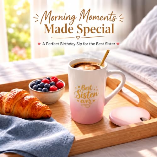 Image of ZAICUS Best Sister Ever Coffee Mug with Lid & Spoon, Rakhi Gift for Sister | Suitable for Hot & Cold Beverages | Ceramic Mug | Elegant White & Pink Gradient Finish
