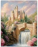 The Royal Castle Fairy Tale Wall Art Painting 11x14 Unframed Poster -Romantic Fantasy Print with Enchanted Whimsical Waterfall, Dreamy Garden, Magical Pastel Scenery, Elegant Decor for Children's Room