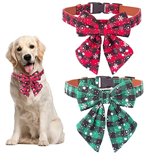 ADOGGYGO 2 Pack Christmas Dog Collar with Bow Tie, Classic Plaid Red Green Dog Collars with Removable Bowtie Christmas Collars for Large Dogs Pets (Large)