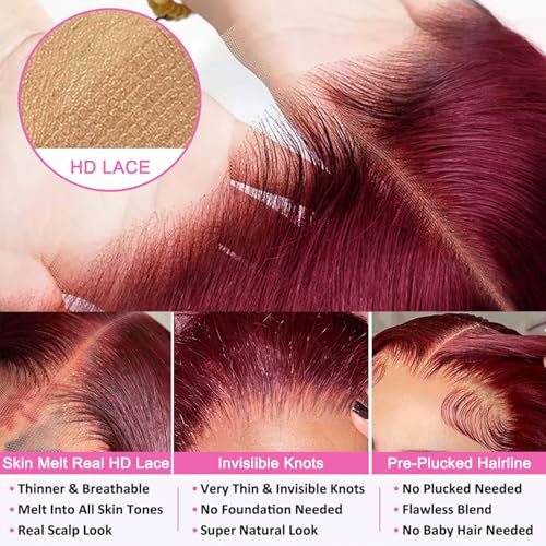 Image of 99j Burgundy Lace Front Wigs Human Hair 28 Inch Red Burgundy Wig Human Hair 13x4 HD Transparent Body Wave Lace Front Wigs Human Hair 180 Density Pre Plucked Glueless Frontal Wig for Women