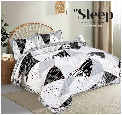 Image of Amazon Brand - Umi 100% Cotton Quilted /Ultrasonic 280 Tc Printed King Size Soft Bed Cover /Bedsheet /Bedspread Comforter with 2 Pillow Shams /Cover, (Luxurious, 90 x100 inches, White & Grey & Black)