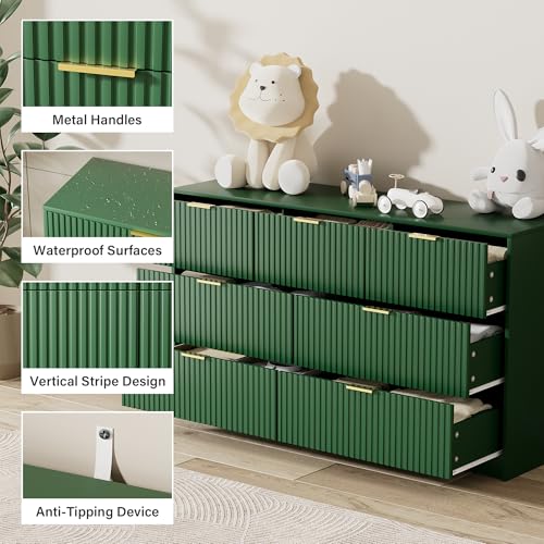 Image of Furniway Green Dresser for Bedroom, Modern Dresser with 7 Drawers and Smooth Slides, Wide Chest of Drawers with Golden Handles for Bedroom, Living Room, Closet, 15.7 inch D x 55.1 inch W x 31.4 inch H