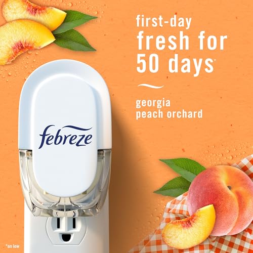 Image of Febreze Plug In Air Freshener, Odor-Fighting Scented Oil Refill, Air Fresheners for Home and Bathroom and Kitchen, Long Lasting for Strong Odors, Juicy Summer Peaches Scent, 0.87oz Refills, 4 Count