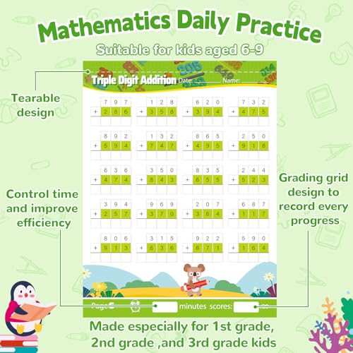 Image of Addition and Subtraction Workbook Triple Digit Math Practice Worksheets for 2nd 3rd Grade, Addition&Subtraction Worksheets One Page A Day Math for Ages 6-9, Math Repetition Exercise Daily, 56 Pages