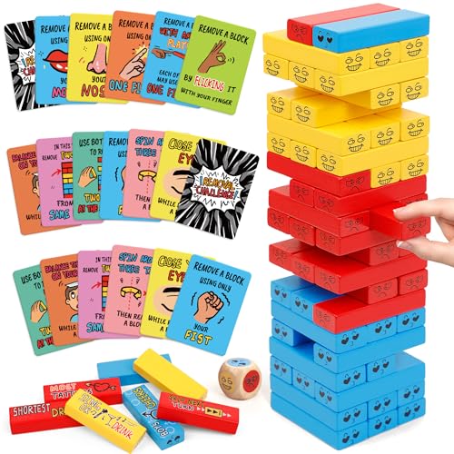 Tumble Tower Blocks Party Game,121PC Wooden Stacking Game,60 Blocks,60 Cards,1 Dice,Thousands of Hilarious Combos,Classic Tower Stack Games for Family Night Party Wood Block Games with Storage Bag