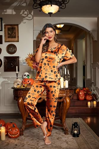 Image of Ekouaer Womens Satin Silky Pajama Set Short Sleeve Shirt with Long Pajama Pant Set Soft PJ Loungewear