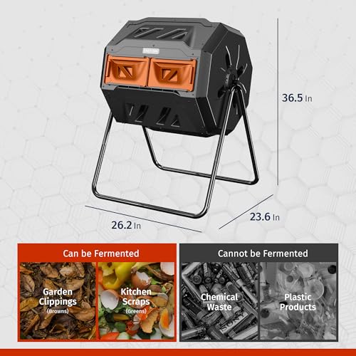 Image of East Oak Compost Tumbler Outdoor, 43-Gallon Tumbling Compost Bin with 2 Sliding Orange Doors & Aeration System, Tumbling Rotating Composter Bin for Kitchen, Garden, Yard,