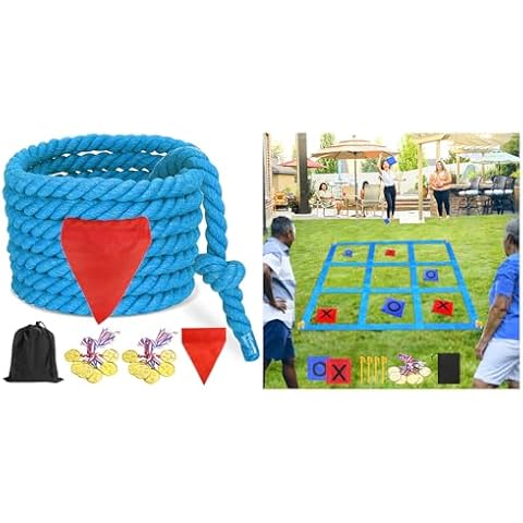 CWLAKON Giant Tic Tac Toe Bean Bag Toss Tug of War Rope Games for Kids Adults Family, Outdoor Camping Picnic Games, Backyard Carnival Games,Team Building Activities Blue Cover