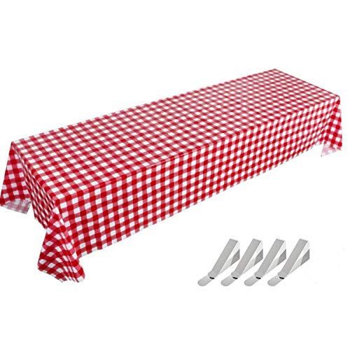 Pack of 4 Plastic Checkered Tablecloths -54 x108'' Picnic Table Covers for Rectangle Table - Red and White Checkered Party Supplies