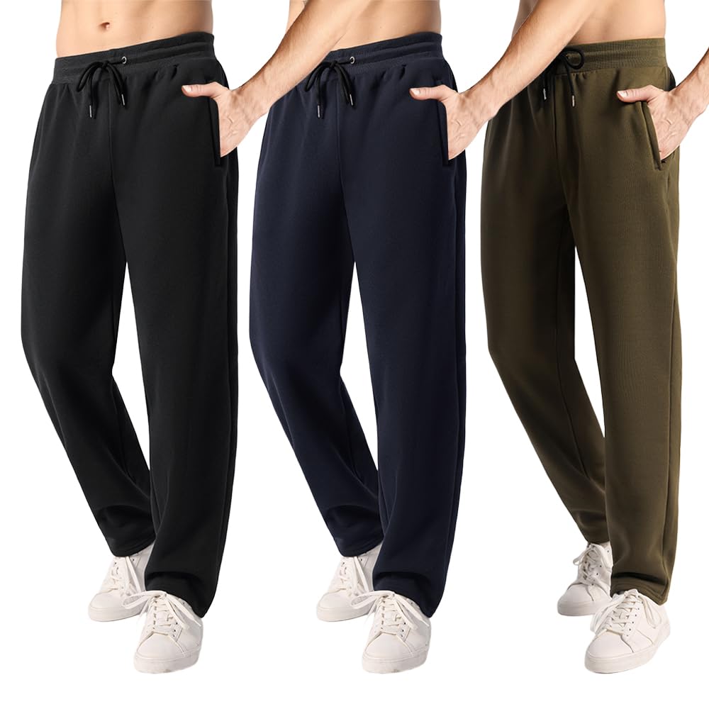 Mens 3 Pack Fleece Sweatpants with Pockets Active Athletic Pants Workout Jogger Open Bottom