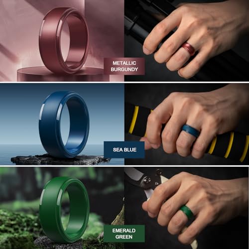 Image of Egnaro Men's Silicone Wedding Rings: Classic Black Step Edge Rubber band 10mm Wide 2.5mm Thick- Hypoallergenic for Gym /Outdoor /Gift(1 /4 /7 Variety Pack with Half Size)