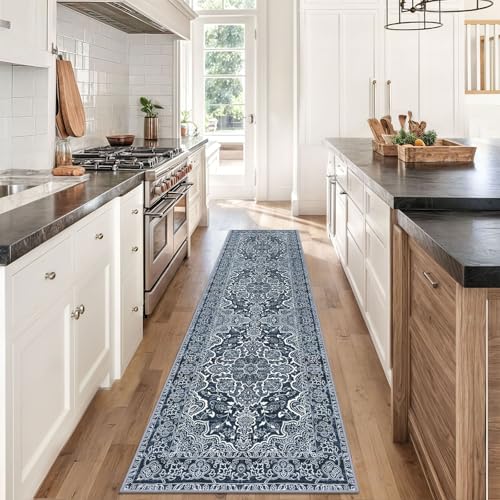 KUTA Vintage Floral Washable Runner Rug, 2x8 Navy Blue Runners for Hallways Non-Slip Kitchen Rugs Ultra Soft Printed Distressed Tribal Floor Carpet for Bedroom Living Room Nursery