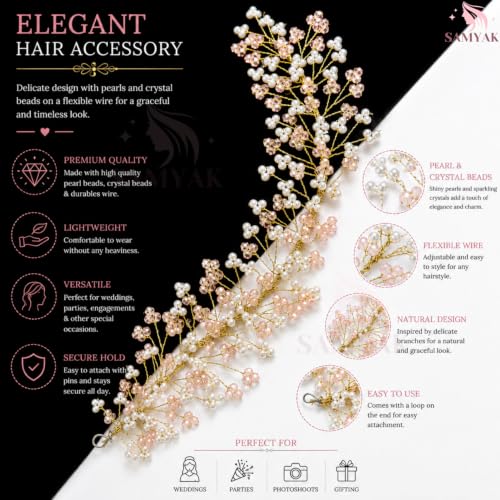 Image of Samyak Crystal Pearl Hair Tiara Vine Hair Headband Headdress Hair Jewellery For Women | Hair Pin | Bun | Hair Accessory For Bridal Wedding Bridesmaid, Pink, Pack of 1