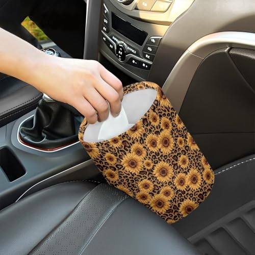 Image of Sunflower Leopard Printed Car Rubbish Bin Portable Driver Garbage Small Mini Can Travel Hanging Garbage Organizer Bag, Large Capacity