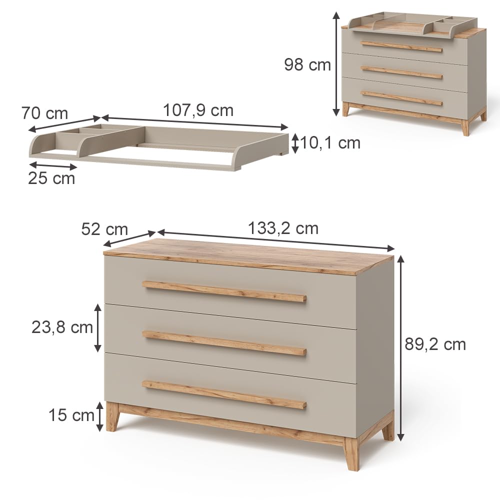 VitaliSpa Cambiador Malia, Cachemira/Artesanal, 133.2 x 98 cm con 3 cajones, con Cambiador extraíble para Usar como cómoda