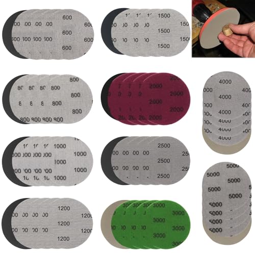 Disque Poncage 75mm,50 Pièces Papier à Poncer,Papiers de Verre Sec à l'eau Papier Verre Carrosserie,Grain 600/800/1000/1200/1500/2000/2500/3000/4000/5000,Papier A Poncer A L'eau pour Métal,Bois,Etc