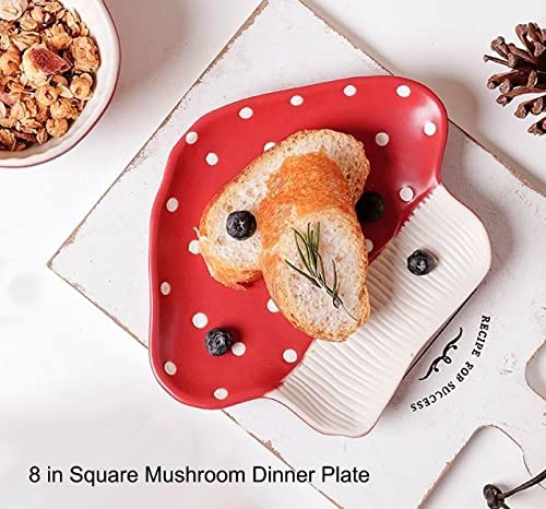 Resvuga Mushroom Salad Plates, 8 In Polka Dot Safety Ceramic Dessert Appetizer Plates, Cute Sushi Dinner Plates, Pasta & More. (Fat Plate) #TOP2