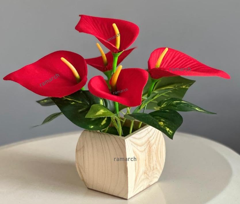Image of Artificial Anthurium Flowers, Red Floral Arrangement with Wooden Pot, Indoor Home Decor
