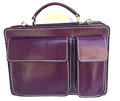 Bolso de piel auténtica morado de fabricación italiana, tamaño M de 28x20x9 cm