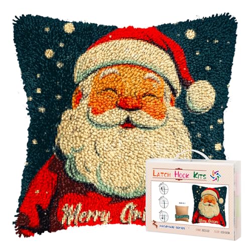 Image of DIY Latch Hook Pillow Kits for Adults Merry Christmas Santa Claus Printed Pillowcase Crochet Yarns Hooking Handmade Pillow Cover Cushion for Home Sofa Decoration 17x17inch(3)