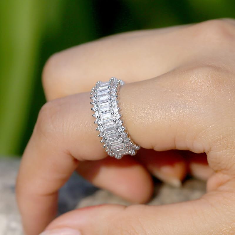 18K White Gold Plated Eternity Rings for Women Cubic Zirconia 7-Stone Wide Wedding Bands Round 3 Rows Promise Size 6-103