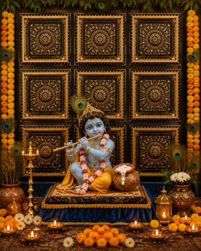 Image of SATYAM KRAFT 9 Piece Ganpati Bappa Backdrop, janmashtami Decor | Wall Panels (9 pcs set) | 30 x 30 CM Each Panel | 90 x 90 CM DIY Mandap Background | 9 Panels | Includes Double-Sided Tape (Copper)