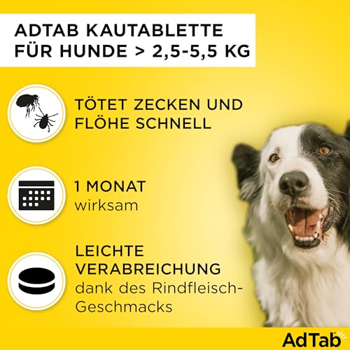 Sparset: Doppelpack AdTab Hunde Zecken- und Flohschutz ( 2,5 bis 5,5 kg), Kautablette tötet Zecken und Flöhe schnell ab und schützt einen Monat lang, leicht zu verabreichen (3 St. pro Packung)