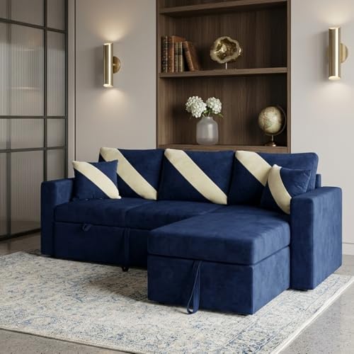 Image of FURNY Trivia 4 Seater RHS Lounger Sofa Cum Bed (Dark Blue) with Pull-Out Function | Luxury Velvet Suede Finish | Durable Comfort | Ideal for Living Room
