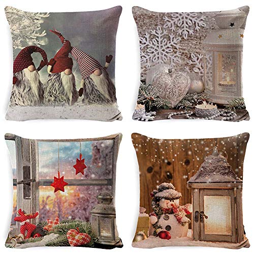 4 Pcs Throw Pillow Covers 18X18 Inch Cotton Linen Farmhouse Decorative Christmas Santa Couch Pillow Cases Square Cushion Cover Pillowcase For Bed Sofa Office Car Xmas Decor #TOP14