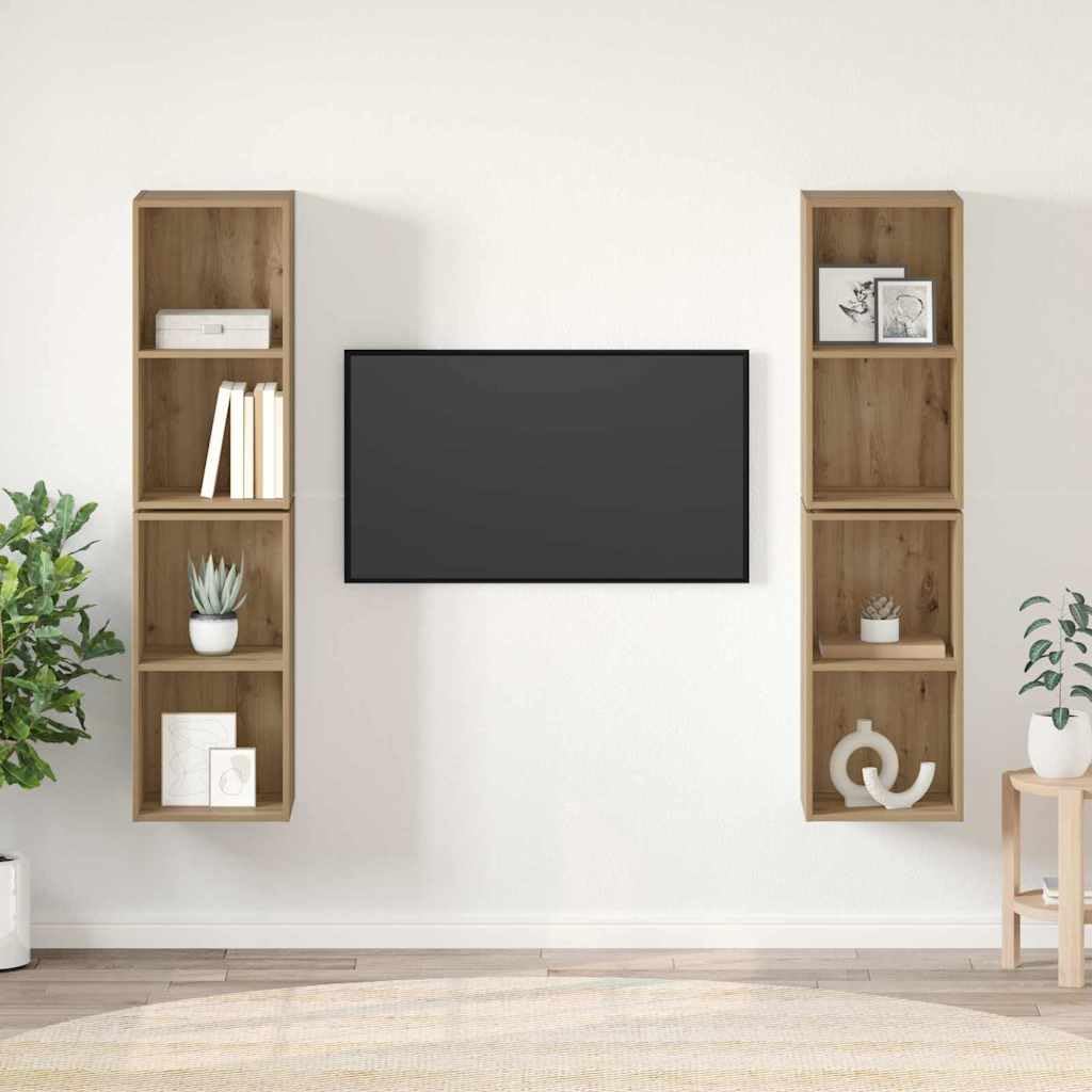 Meuble TV mural design moderne chêne Artisanal | Ensemble luxe 4 pièces