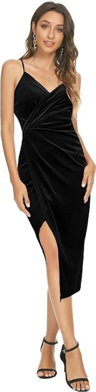 Gkaopi Women's Black Gold Velour Evening Dresses For Sexy V-Neck High Slit Hips-Wrapped Ruched Midi Cami Dress Elegant Sleeveless Spaghetti Strap Formal Gowns Bodycon For Party Cocktail Prom