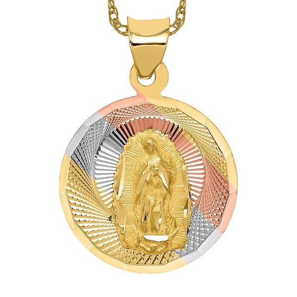 IceCarats 14K Solid Yellow Gold Our Lady of Guadalupe Virgin Mary Circle Round Necklace Virgencita Maria Rosa Pendant Catholic Christian Holy Mother Medallion Charm