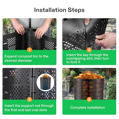 VIVOSUN Komposteimer für den Außenbereich, erweiterbarer Komposter, einfach einzurichten und große Kapazität für Hinterhof, Rasen (schwarz mit Handschuhen)