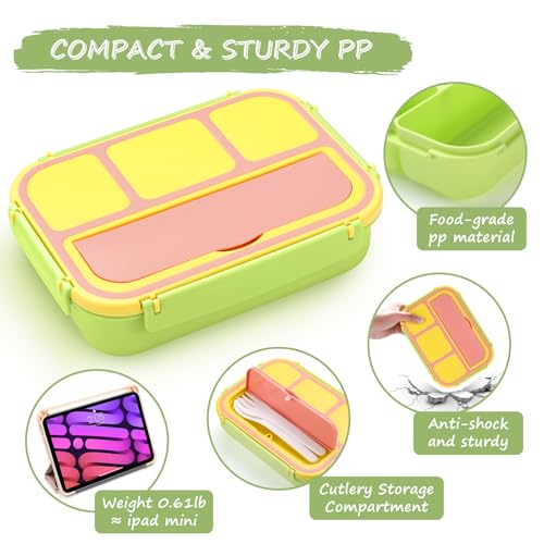 Image of QQKO Bento Box for Kids Adults, School Toddler Lunch Box for Boys Girls, Lunch Box Containers with 4 Compartments, Sauce Container, Utensils, Food Picks and Muffin Cups for School, Pink Yellow Green