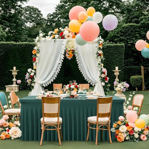 Image of 2 pk Hunter Green Spandex Tablecloth for 6 Foot Rectangle Tables, Wrinkle Free Fitted Spandex Table Covers 6ft Green Stretch Table Cloths with Ruffle Skirt for Parties Weddings Banquet Baby Shower