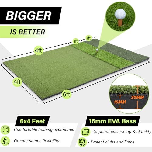 6x4ft Premium Golf Mat | Tri Turf Golf Hitting Mat | Golf Mats Practice Indoor, Outdoor, with Simulator | Thick Golf Training Mat | Large Golf mat for Swinging | Durable Golf Practice Mat with Tees
