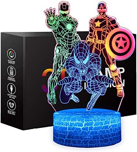 ONXE Spiderman Toys Night Light for Kids, 3D Illusion Lamp Touch Control Dynamic Colors Changing with 3 Pattern Kids Toys for Captain America Iron Man Gifts for Men Boys (Superhero)