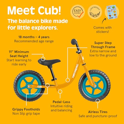 Image of Retrospec Cub Toddler Balance Bike for Ages 18 Months - 3 Years - 12in No-Pedal Beginner Bicycle with Adjustable Seat, Puncture-Proof Tires & Safe Low Frame Design