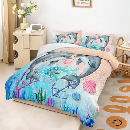 Image of AILONEN Dolphin Comforter Set Queen Size, Kawaii Jumping Dolphin Bedding Set for Kids Girls,Ocean Theme Bed in a Bag Duvet Set,3 Pieces,1 Quilt and 2 Pillowcases,Soft Microfiber