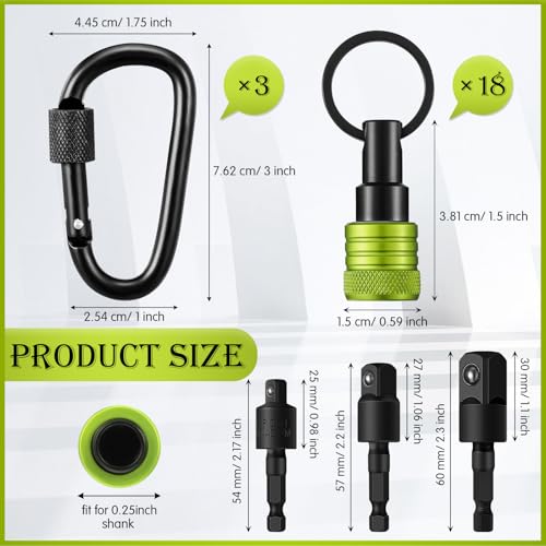 Image of Threlaco 24 Pcs Bit Holder Keychain, 1 /4 3 /8 1 /2 Socket Hex Shank, Green