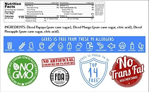 Gerbs Dried Tropical Fruit Mix, 2 LBS. - Unsulfured -Top 14 Food Allergy Free & Non GMO - Diced Mango, Pineapple, Papaya Sweetened - 1